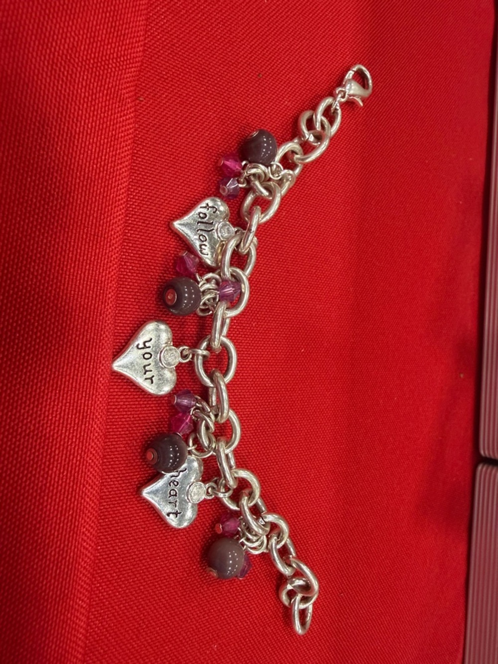 Silver Heart Charm Bracelet with Purple Beads